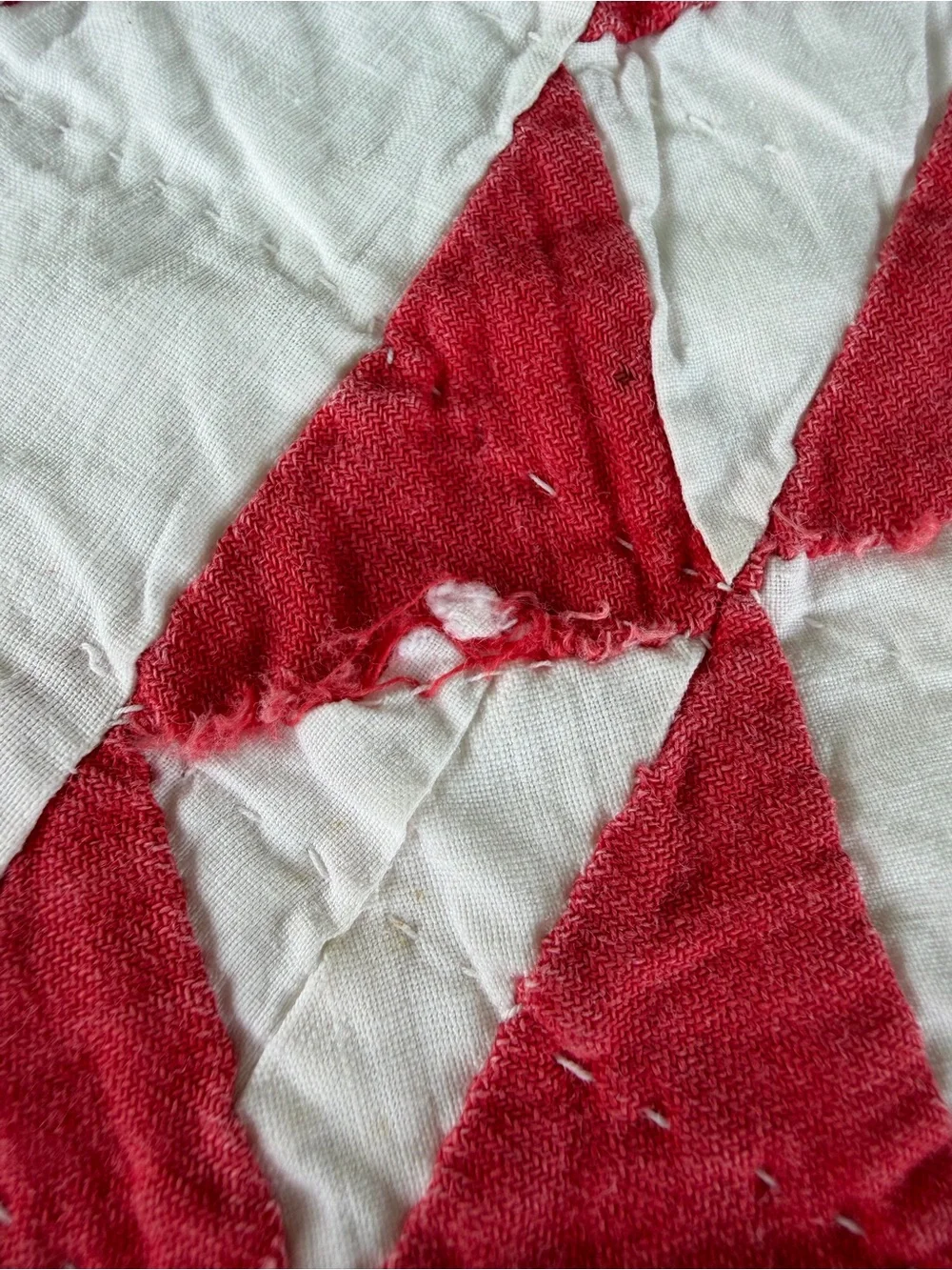 Vintage Pickle Dish Quilt Hand Stitched Red White Gauzy Cotton Thin 57x89 READ